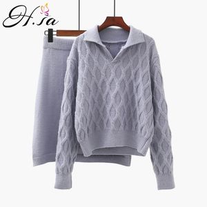 H.SA Winter Kleidung Frauen Casual Pullover Drehen Unten Kragen Twisted Pullover und Röcke Weibliche Formale 2 Stück Anzug 210417