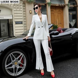 Dames tweedelige broek 2021 Spring Black White Double Breasted Blazer Pak Dames 2 Sets Womens Wide Leg Pant Suits Elegante Plus Size Outfit