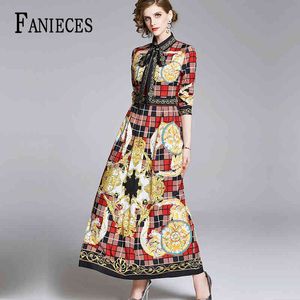 10 cores impressão vintage escritório senhora vestido elegante mulheres primavera outono inverno es moda manga longa camisa de camisa pista maxi 210520
