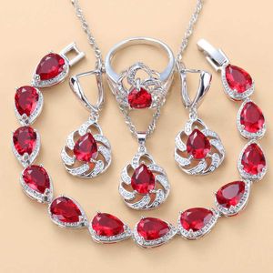 Water Drop Red CZ Wedding Bridal Jewelry Sets Silver Color Dangle Earrings Necklace Bracelet And Ring 10- Color Sets H1022