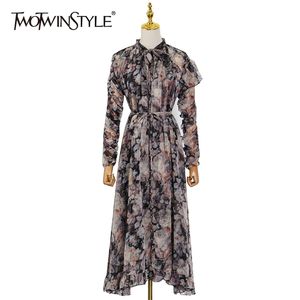Vestido de impressão vintage para mulheres carrinho colar de manga longa cintura alta lace up bowknot midi vestidos feminino roupa 210520