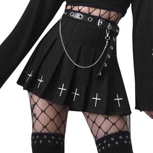 Sommarpläterade kvinnor Streetwear Wild Black Skirts Gothic A-Line Broderi Mini Skirt Y0824