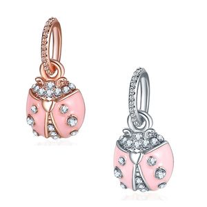 Fits Pandora Sterling Silver Bracelet 20pcs Pink Ladybug Enamel Crystal Pendant Charms Beads For European Snake Charm Chain Fashion DIY Jewelry