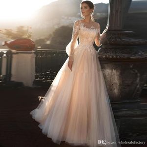 Country Lace Bohemia A Line Wedding Dresses Sheer Long Sleeves Tulle Lace Applique Sweep Train Wedding Bridal Gowns Robes De Mariée BC10898