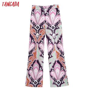 Tangada 여성 꽃 인쇄 긴 바지 바지 빈티지 스타일 지퍼 레이디 바지 Pantalon Be674 210609