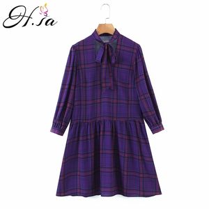 Women Spring Plaid Dresses Long Sleeve High Waist Straight Vestidos Bow Tied Neck Purple Shirt Dress Cotton 210430
