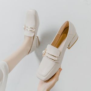 Dress Shoes 2022 Fashion Spring Women White Split Leather Short Heels Pumps Casual Loafers Slip-on Size 35-40