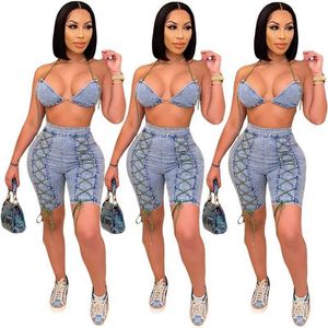 Denim Sexy Zweiteilige Sets Club Outfits für Frauen Festival Kleidung Sommer Co Ord Lace Up Jeans Shorts Set 2 stück Passende Sets Y0702