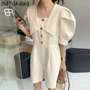 Summer Big Lapel Playsuit Single Breasted Pocket Bodysuit Loose High Waist Puff Sleeve Casual Rompers Womens Jumpsuit Shorts 210513