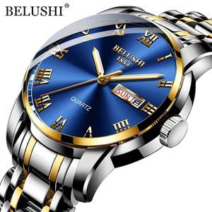 BELUSHI Top Marke Luxus Herrenuhren Leuchtende Wasserdichte Edelstahluhr Quarz Männer Datum Kalender Business Armbanduhr 210407