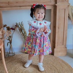 Girls Strawberry Dress Children Long Sleeve Vintage Floral Lotia Dresses Toddler Girl Spanish Frocks Baby Birthday Outfits 210615