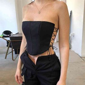 Off Shoulder Strapless Lace Up Sexy Bustier Corset Crop Tops för Kvinnor Svart Ärmlös Vest Top Beskuren Feminino 210522