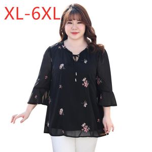 Siyah Zıltılı Bluz Bluzlar toptan satış-Bahar Yaz Artı Boyutu Kadınlar için Tops Bluz Büyük Çan Kollu Gevşek Rahat Siyah Şifon Çiçek Gömlek XL XL XL XL kadın Bluzlar sh