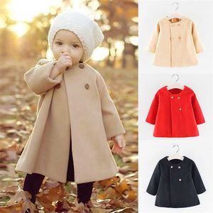 0-4 Years Baby Girl Clothes Fashion Korean Version Solid Color Button Girls Coat Spring Autumn Long Cardigan Toddler Kids Jacket 211011