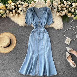 Summer Vintage Denim Women Short Sleeve V-neck Single-Breasted Zipper Pocket Midi Jean Female Split Mermaid Dress 210416