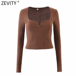 Zevity Women Simply Square Collar Solid Färg Chic Short Camis Tank Damer Strikkad Vest Slim T-shirt Casual Crop Tops LS9058 210603