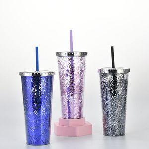 Summer Party Tumblers 24oz Plastic Straw Cup European and American Flash Powder Water Cup Cold Drink Cups T500553