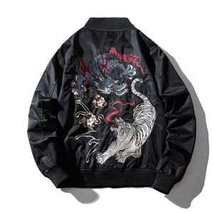 Вышивка мужская бомбардировщик куртка дракона тигр осень зимняя пилотная куртка мужчины хип-хоп японский бейсбол молодежь куртка уличная одежда 211009