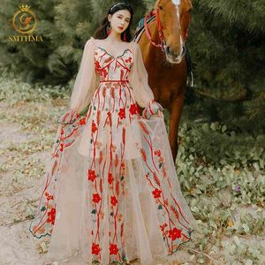 Kadın Bohemian Tatil Yaz Vintage Parti Elbise Tam Kollu Mesh Işlemeli Çiçekler Pileli Uzun 210520