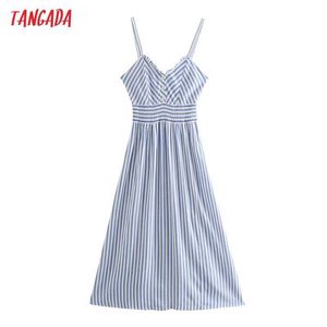 Tangada Moda Kobiety Niebieski Paski Print Pasek Długa Sukienka Bez Rękawów BacklessFemale Sundress 3H404 210609