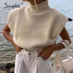 Casual High Neck Sleeveles Pullover Weste mit Schulterpolstern gestrickte Pullover Mode Herbst Winter Jumper Tops 210812