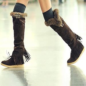 Boots Design Winter Vintage Shoes Women s Fringed Suede Low heeled High top Knee length Plush Botines