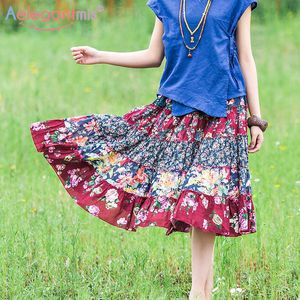 Aelegantmis Chinese Style Women Printed High Waist Casual Long Skirt Big Hem Plus Size s Ethnic Vintage Ladies Summer 210607