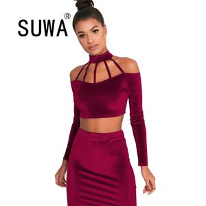 Ankomst Vår Kvinnors Sexig Outfit Off Shoulder Långärmad Skörd Top + Bodycon Midi Dress Skirts 2 Pieces Party Club Wear 210525