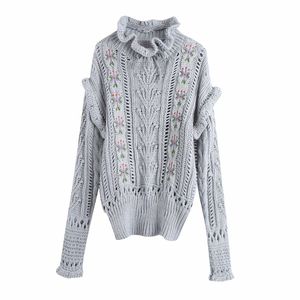 Casual Woman Embroidery Hollow Out Sweater Fashion Ladies Autumn Soft Mock Neck Knitwear Female Elegant Knitted Tops 210515