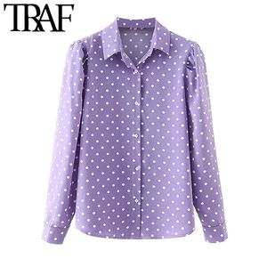 Traf Women Fashion Polka Dot Print Bluzki Vintage Puff Sleeve-U-UP Samice Blusas Chic Tops 210415