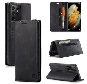 AutspaceレザーケースiPhone 13 12 Pro Max Mini 11 Samsung Galaxy S21 S20 Ultra Plus Rfidフリップ財布カードホルダーカバービジネス電話ケース