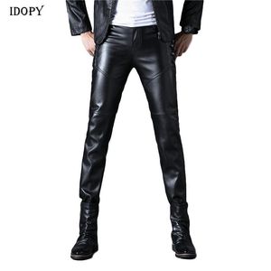 Calças masculinas Idosos idosos do `s do` s de couro preto motocicleta motocicleta botão lateral legal cal calças para macho