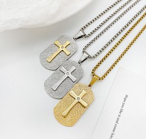 Sandy Stainless Steel Dog Tags Crystals Cross Pendant Necklaces for Men Rolo Chain 3mm 24 Inch Black Gold Silver