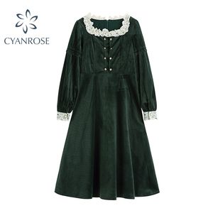 Abito verde vintage da donna Ruffle Spliced Square Collar Retro Mori Girl Abiti francesi Abiti eleganti coreani Mujer 210515