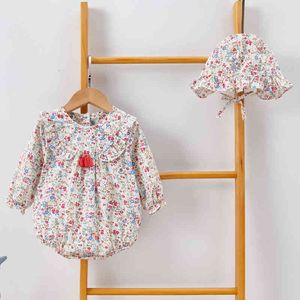 Baby Girl Floral Rompers And Hat Long Sleeves Spring Autumn Bodysuit born Clothes 210429