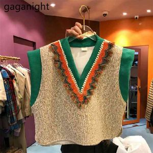 V Neckweater Vest Vintage Kvinnor Beading Stickade Pullovers Casual Kvinna Ärmlös Waistcoat Lösa Koreanska Toppar 210601