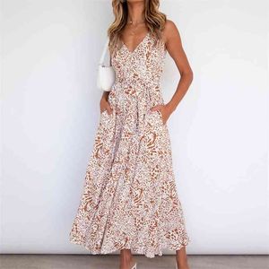 Sommar elegant sexig strand lång klänning kvinnor print leopardband damer halter boho klänning kvinnor vestidos mode 210508
