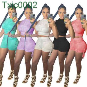 Women Tracksuits Two Pieces Set Designer Slim Sexy Summer Outfits Leisure Solid Colour Sleeveless Pleated Short Sports Suits Sportwear