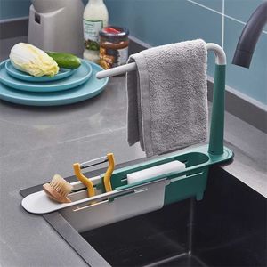 Kitchen Sinks Organizer Telescopic Sink Shelf Soap Sponge Storage Rack Adjustable Drain Basket Accessories 211112