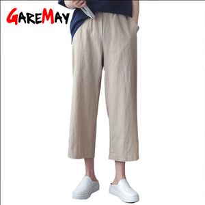 Pamuk Keten Artı Boyutu Geniş Bacak Pantolon Kadın Yaz Yüksek Bel Ayak Bileği Uzunlukta Keten Rahat Kore Harajuku.Trousers 210428