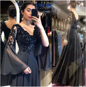 Black Elegant Evening Dress A-line Flare Sleeve V-neck Lace Appliques Sequined Backless Floor Length Party Prom Gown 2021