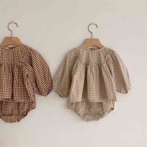 Baby Girls Suit Clothes Little Plaid Infant Set Puff Sleeve Blouse + Bloomer 2pcs Toddler 210521