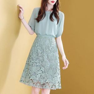 Vintage Elegant Office Chic Dress O-neck Half Sleeve Korea Midi Dresses Lace Patchwork Temperament Dress Vestidos 210514
