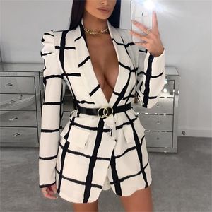 Glamaker Plaid Głębokie V Neck Sexy Blazer Kobiety Jesień Z Długim Rękawem Białe Biurowe Damskie Płaszcz Elagent Moda 210930