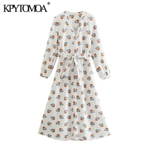 Mulheres Chic Moda Com Cinto Floral Impressão Midi Vestido Vintage Manga Longa Button-Up Vestidos Femininos Vestidos Mujer 210416