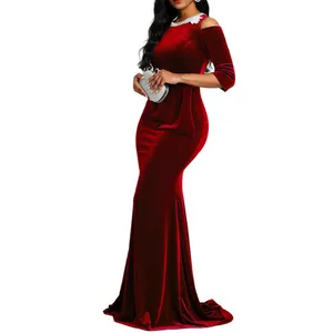 Vermelho preto veludo sereia vestido longo mulheres apertadas uma peça noite elegante senhoras bodycon plissado vintage maxi vestidos casuais