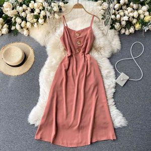 Korean Button Dress for womens summer A-Line Vintage suspender dress sexy strapless slim midi beach vestido 210420