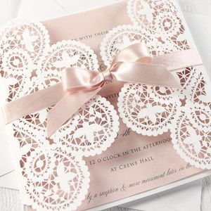 100Pcs Floral Laser Cut Wedding Invitation w/ Envelopes, Personalized Lace Rose Gold Bowknot DIY Party Invite, IC134