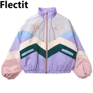 Flectit Women Pastel Bomber Jacket Cute Embroidery Color Block Duster Souvenir Sukajan Japanese Girls Harajuku Style *