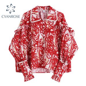 Vintage Pearl Bluzki i Koszule Dla Panie Stylowe Red Print Elegancki Hong Kong styl Lapel Cardigan Chic Przycisk Ins Blusas Topy 210417